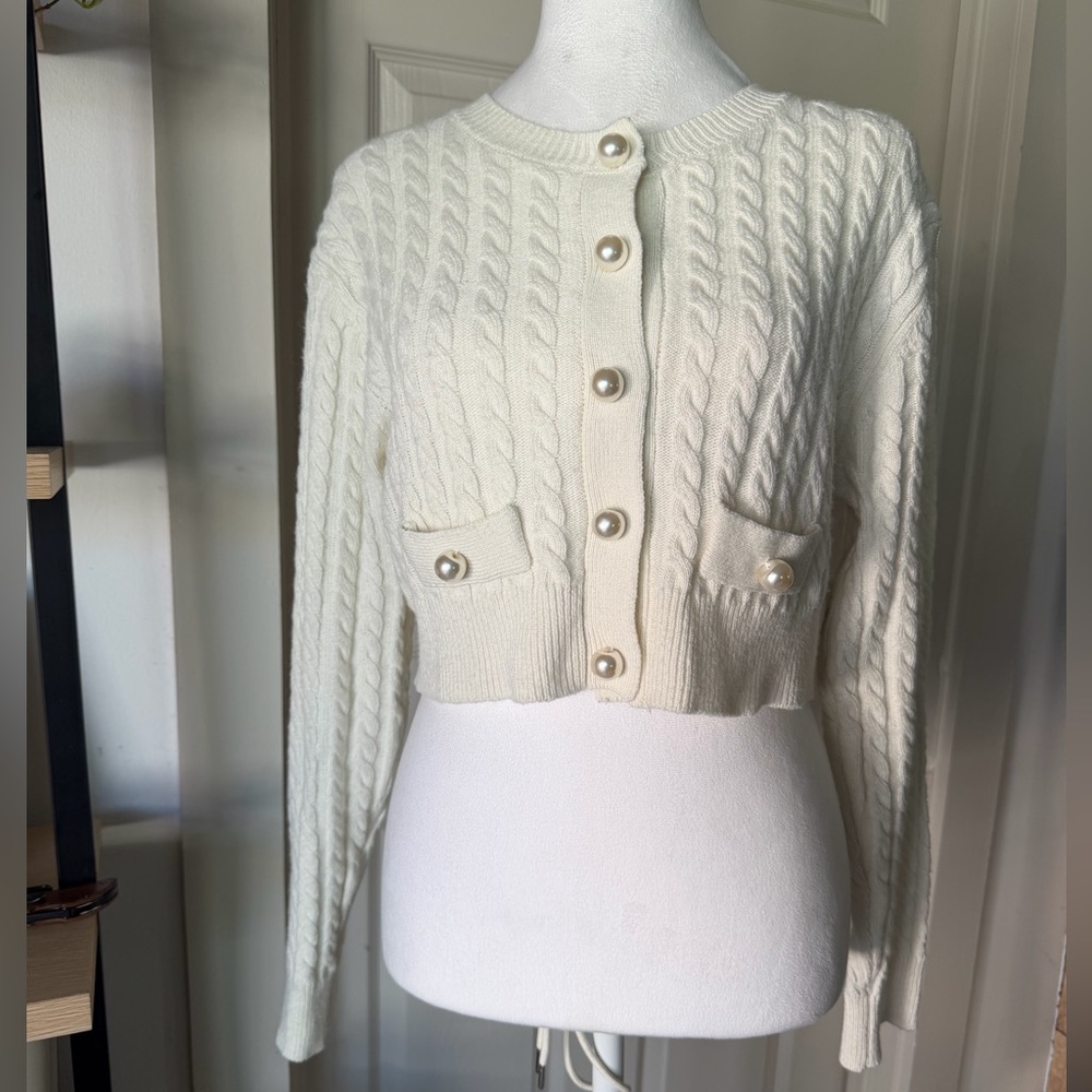 Sandro Paris Cream Cable Knit Cropped Cardigan Pearl Button Size 2